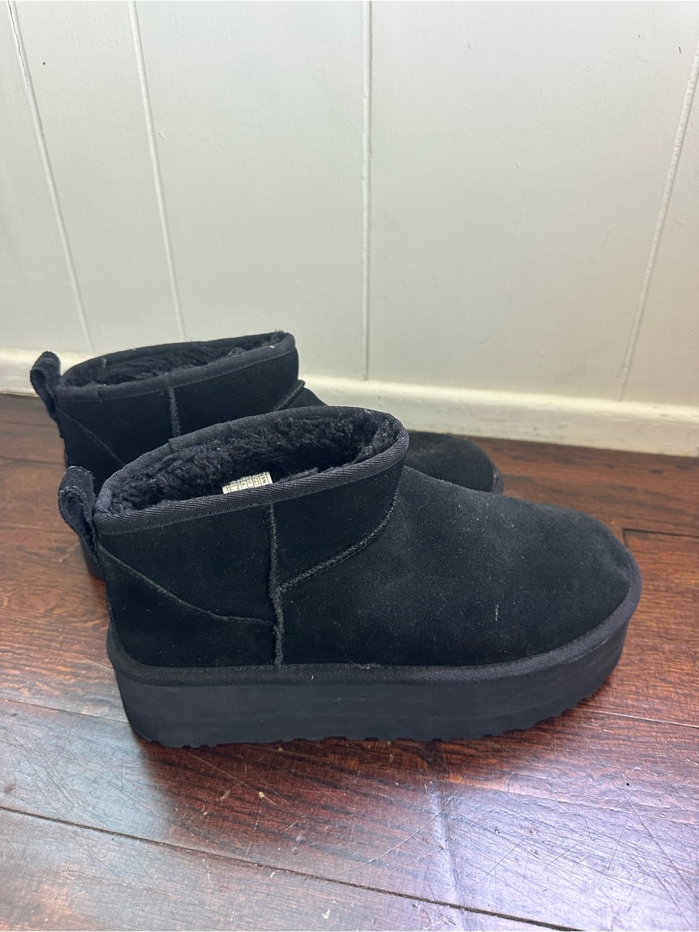 UGG Black Suede Shearling-Lined Platform Ankle Boots